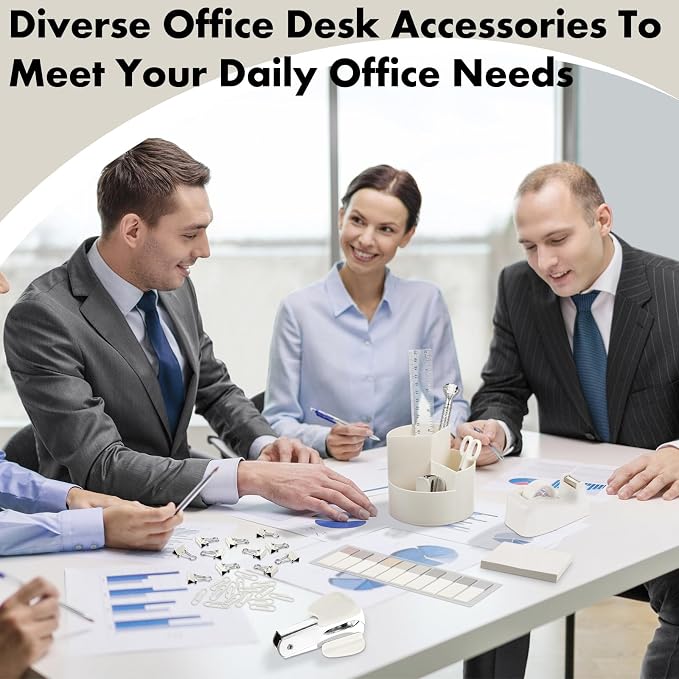Marspark Beige Desk Accessories Office Supplies Set, 12 Pcs | 360° Rotating Pen Holder, Stapler, Tape Dispenser, Scissor, Sticky Notes, Binder Clips, Desk Organizers Gift for School