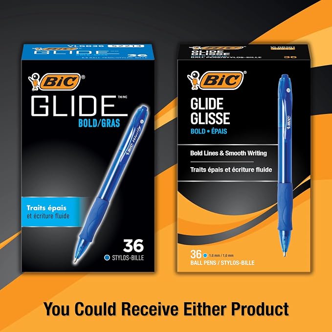 BIC Glide Bold Blue Ballpoint Pens, Bold Point (1.6mm), Retractable Ballpoint Pens With Comfortable Full Grip, 36 Count (Pack of 12)