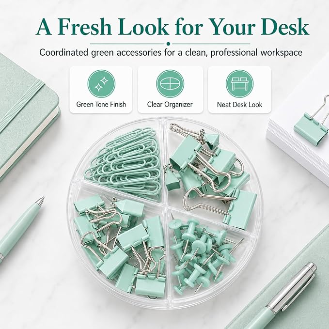 Paper Binder and Clips Set, Metal Assorted Sized Binders with Push Pins, Cute Office Supplies, Teacher Desk Must Haves, Cute Desk Accessories, Green, 1 Pack
