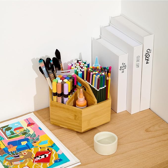 MEEDEN Bamboo Rotating Art Supply Desk Organizer: Pen & Pencil Holder for Desk- Desktop Storage for Markers, Colored Pencils, Crayons, Paint Brushes, Office School Classroom