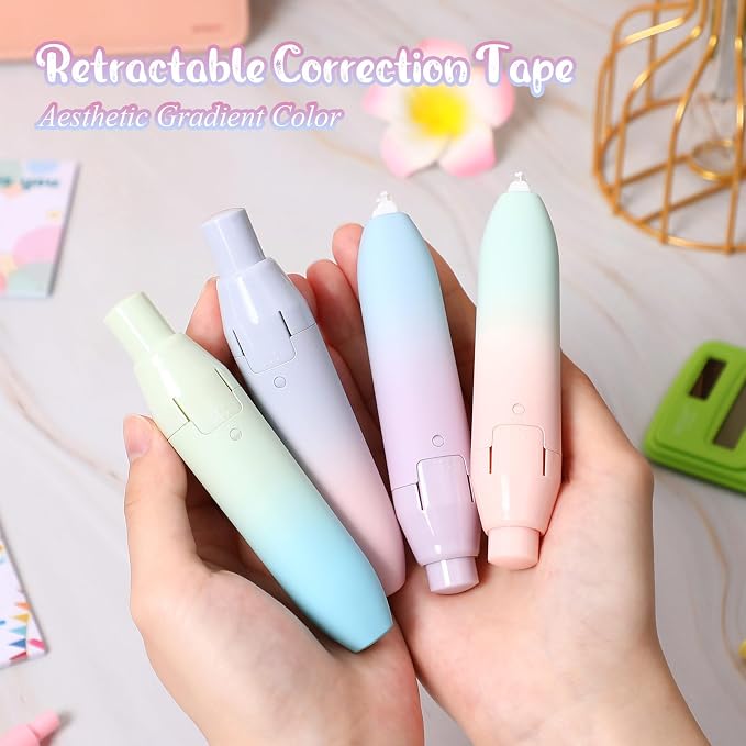 4 Pcs Quick Dry Correction Tape Aesthetic Gradient Color Refillable Retractable Mini Small Correction Tape Cute Correction Pen Kawaii Japanese Office Supplies Easy to Use Applicator for School