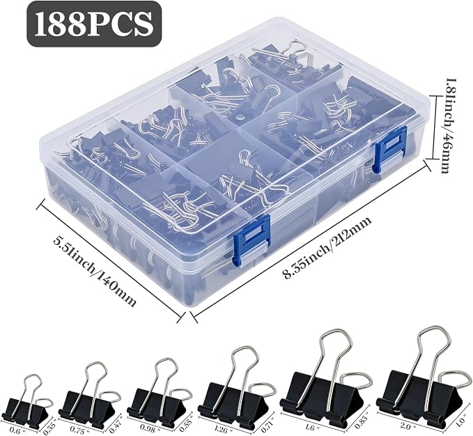 Temiary 188 Pcs Binder Clips with Container, Assorted 6 Sizes Clamps, Black | 0.6 & 0.75 & 0.98 & 1.26 & 1.6 & 2 Inch Metal Binder Clip in One Pack, Paperwork Clamp Bulk for Office, Home, School
