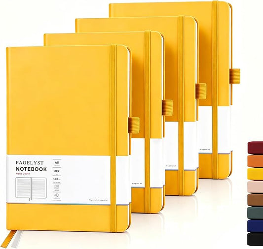 PAGELYST Lined Journal Notebook, 4 Pack Leather Journal for Women Men, 200 Numbered Pages, A5 Medium 5.7'' x 8.3'', 100 GSM Thick Paper for Journaling, Writing, Work & Office (Yellow)