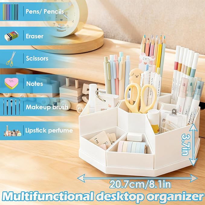360 Degree Rotating Desk Organizer Caddy with 9 Compartments, Large Capacity Detachable Pencil Holder for Desk, Multifunctional Desktop Storage for Office, School, Home, Dressing Table, Blue