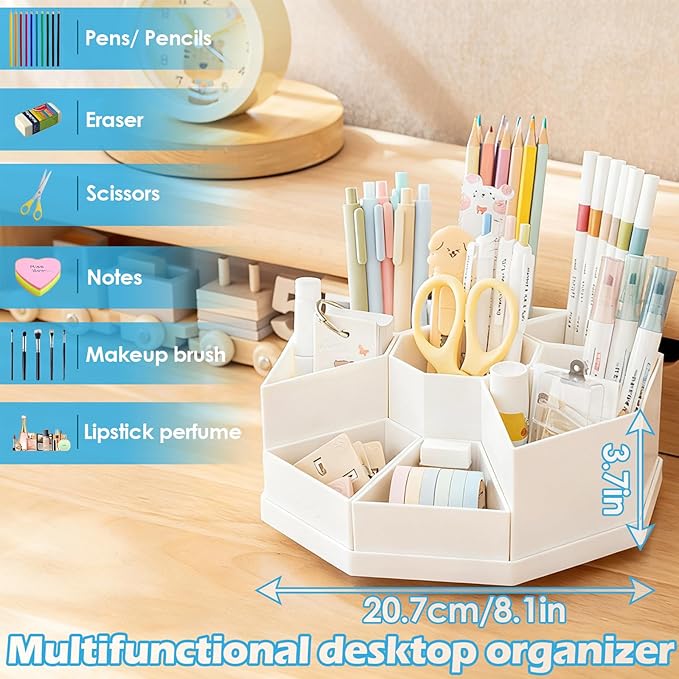 360 Degree Rotating Desk Organizer Caddy with 9 Compartments, Large Capacity Detachable Pencil Holder for Desk, Multifunctional Desktop Storage for Office, School, Home, Dressing Table, Pink