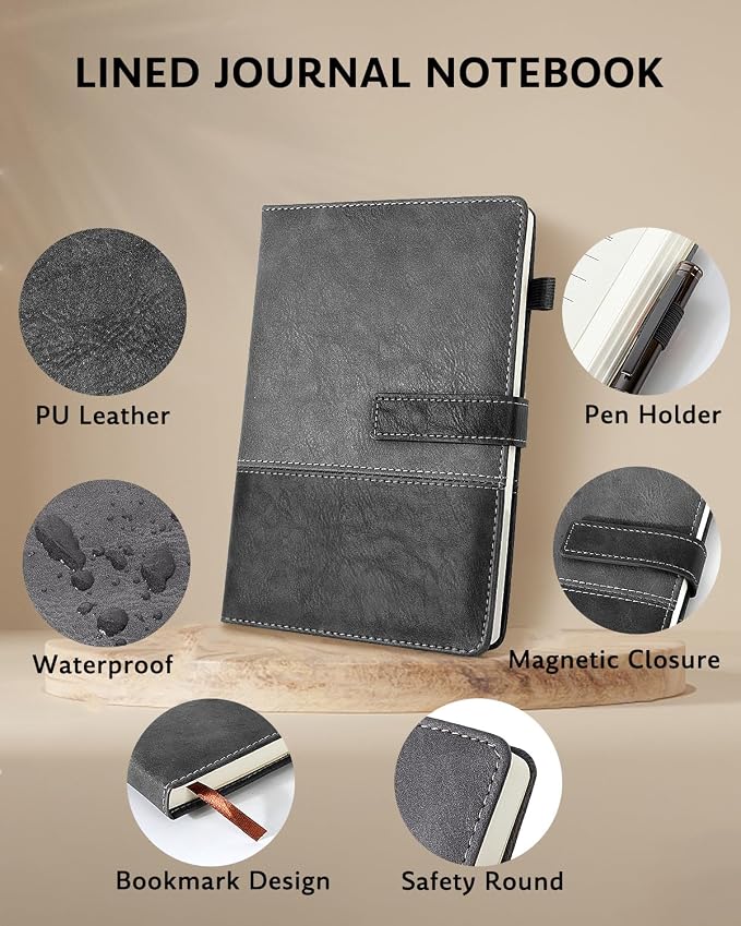 Leather Notebook Journal with Pen, A5 Lined Hardcover Notebook with Magnetic Closure, 240 Pages Daily Journal for Men Women, Ruled Journals Notebooks for Work, Writing, Note Taking - Black