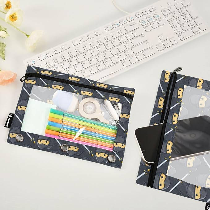 Binder Pencil Pouches Ninja Pattern Pen Case Black | Clear Window 3 Rings, Cosmetic Bags School Office Supplies Cosmetic Makeup Bag 2 Psc