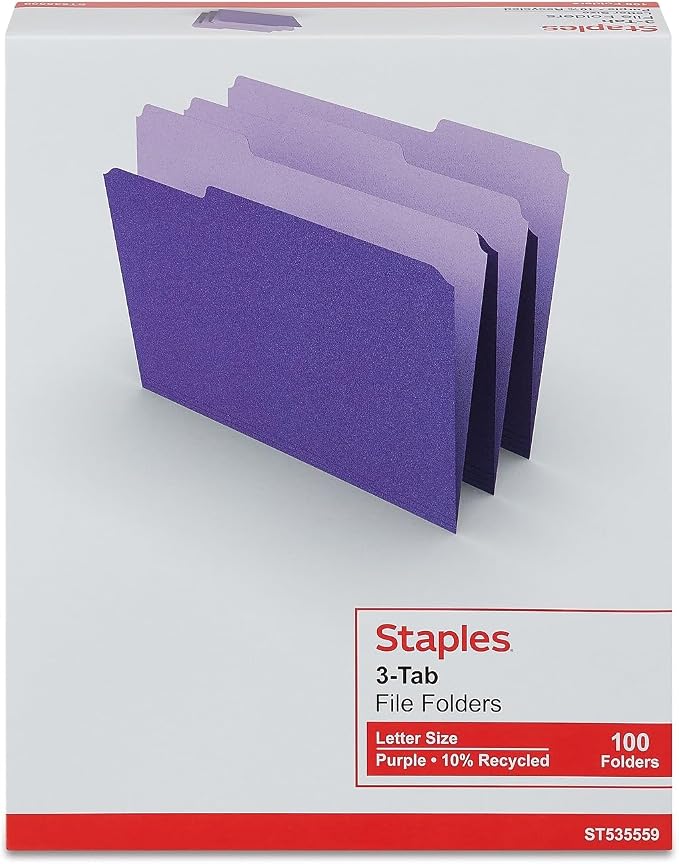 Staples Colored File Folders, Letter Size, 1/3‑Cut Tabs, Purple, Durable Paper Stock, 200/Carton