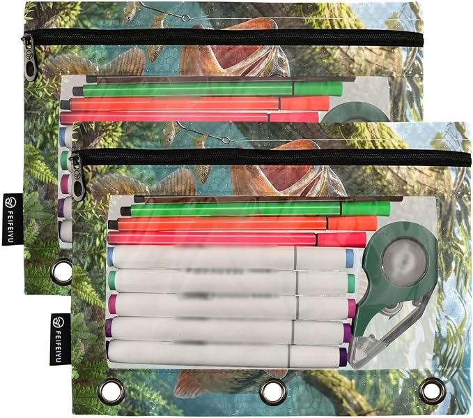 Largemouth Bass Fish Pencil Pouches for 3 Ring Binder, Zipper Binder Pencil Case, 2 Pack Clear Window Case Bag for Office Organizers