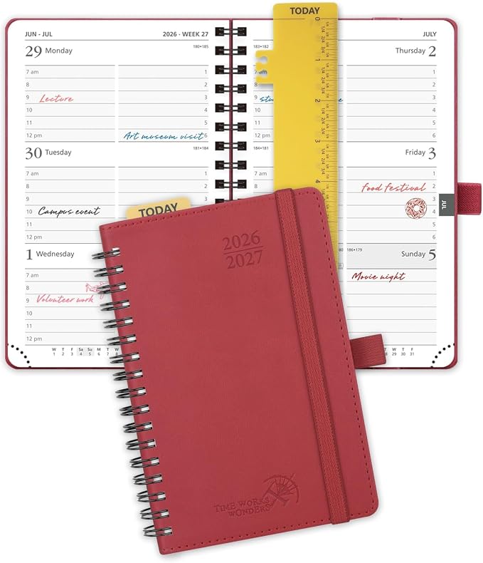 POPRUN Pocket Planner 2026-2027 (Size 4''x6.25'') Academic Pocket Calendar | Weekly Planner, Small Calendar Book(July 2026 - June 2027) with Hourly Time Slots, Spiral Leather Cover - Burgundy