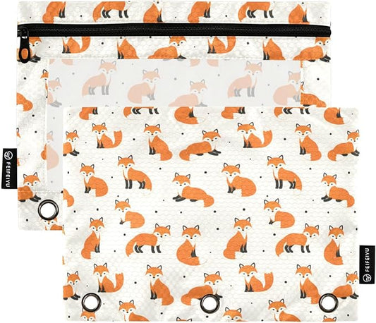 ALAZA Pencil Pouch for 3 Ring Binder, Cute Foxes Polka Dot Cartoon Binder Pencil Pouches with Clear Window Zipper Pencil Case Cosmetic Bags for Office College Supplies, 2PCS