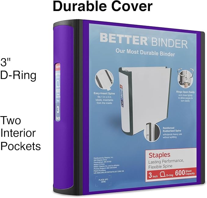 Staples Better Binder, 3" Heavy‑Duty D‑Ring 3‑Ring Binder, Purple, Reinforced Spine, 600‑Sheet Capacity, Durable Organizer for Office, School & Presentations, 2‑Pack