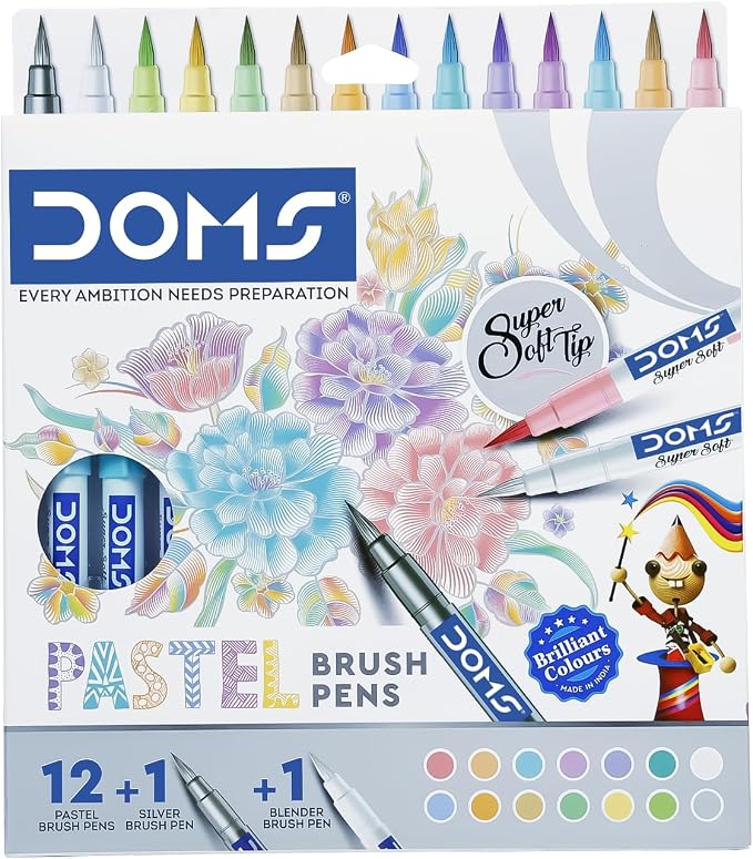Doms Super Soft Tip Pastel Shades Brush Pen Set | 12 Pastel + 1 Silver + 1 Blender | Ideal for Doodling, Illustrations, Calligraphy, Artists & Professionals | Pack of 1