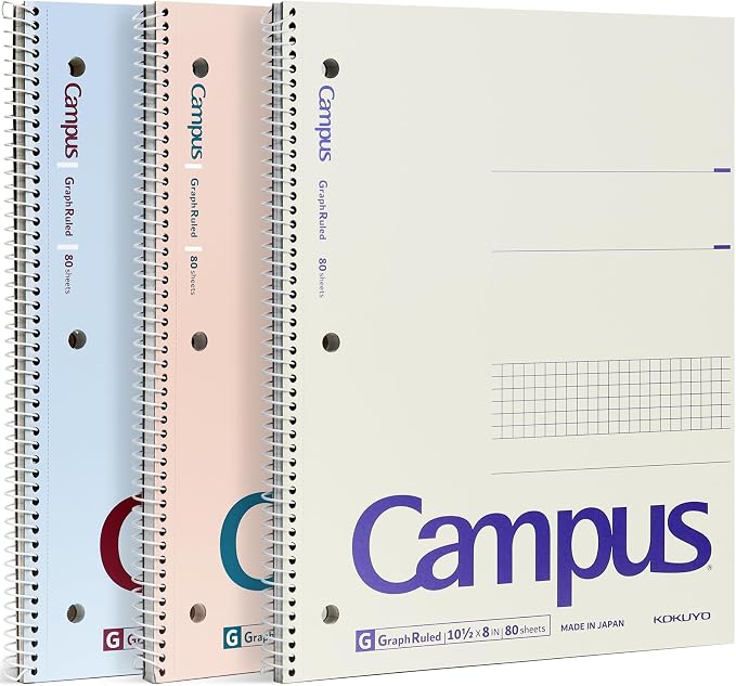 KOKUYO Spiral Notebooks, 3 Pack 5x5 Graph 10-1/2" x 8" Subject Notebooks | Campus Subject Notebooks, 80 Sheets, 3 Holes School Japanese Grid Ring Journal for Study Planner Drawing, Blue Pink White