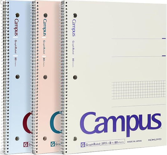KOKUYO Spiral Notebooks, 3 Pack 5x5 Graph 10-1/2" x 8" Subject Notebooks | Campus Subject Notebooks, 80 Sheets, 3 Holes School Japanese Grid Ring Journal for Study Planner Drawing, Blue Pink White