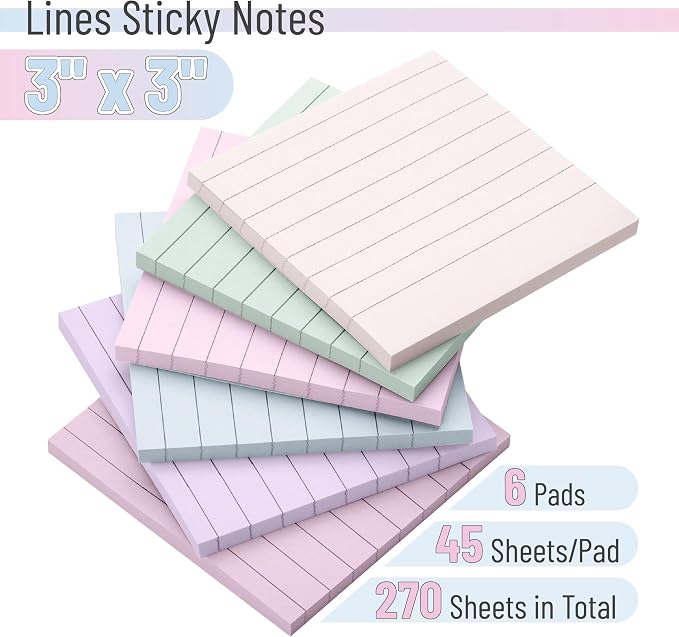 Mr. Pen- Lined Sticky Notes, 3" x 3", 6 Pads, 45 Sheets/Pad | Sticky Notes with Lines, Ruled Post Stickies, Memo Pads, Self-Stick Note Pad for Office, School, Home, Study