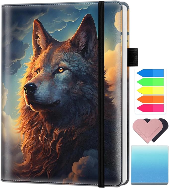 A5 Leather Lined Journal Notebook, 200 Pages Hardcover Executive Notebook for Men Women Office School Note Taking, Thick Writing Paper Daily Journal with Bookmarks/Indexes, Wolf Art