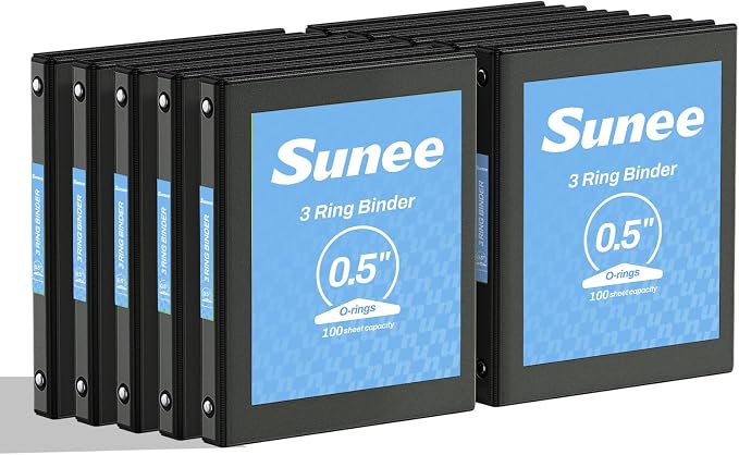 SUNEE 1/2 Inch Binders 3 Ring 10 Pack Bulk, PVC-Free Clear View Half Inch Binders (Fits 8.5x11 Inches) for School, Office & Home Use, Black