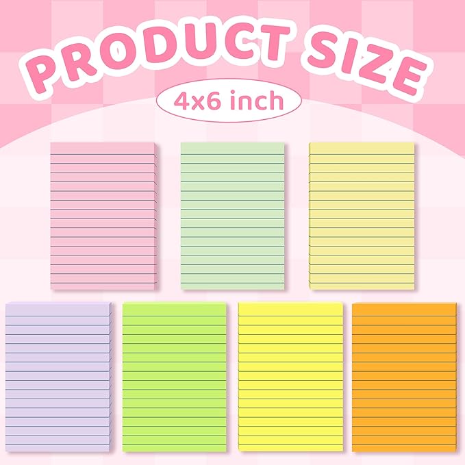 Lined Sticky Notes 4 x 6 Inches, 15 Pads, 375 Sheets, 7 Soft Pastel Colors, Self-Stick Note Pads, Large Rectangular Sticky Notes with Lines, Super Adhesive for Office, School, Home & Planner