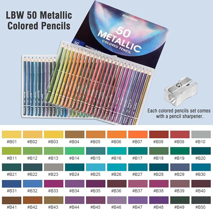 LBW 50 Metallic Colored Pencils Set Metallic Pastel Pencils for Adults Coloring Beginners Artists