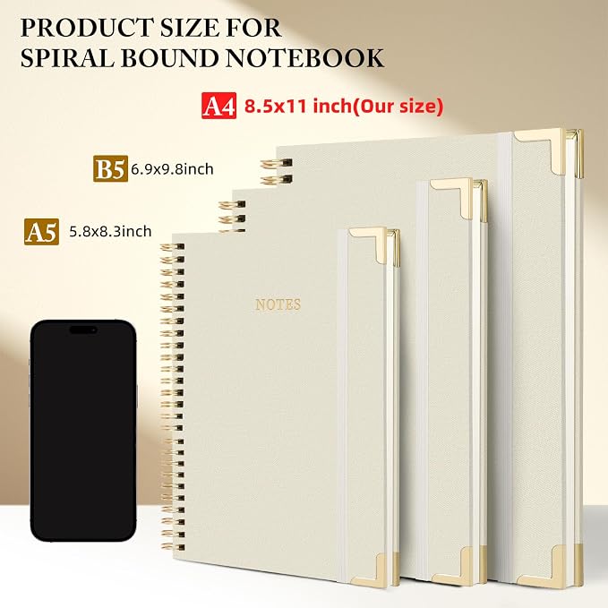 A4 Large Dotted Spiral Notebook Journal, (8.5×11'') 100 Pages 50 Sheets Linen Hardcover College Ruled Journaling For Work & Note Taking Thick Spiral Journal For Writing Daily Journal For Women & Men- White