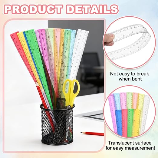 HARFINGTON 5pcs Plastic Rulers 12" (30cm) Clear Straight Ruler Measuring Tool Inches and Centimeters for Home Office Classrooms Drafting, Clear