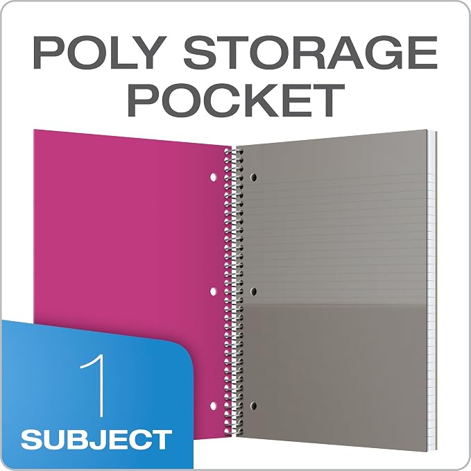 Oxford 1-Subject Poly Notebook, 8.5 x 11 inches, 3-Hole Punch, College Rule, 100 Sheets Per Journal, Durable Poly Storage Pocket, Colors May Vary (10590)