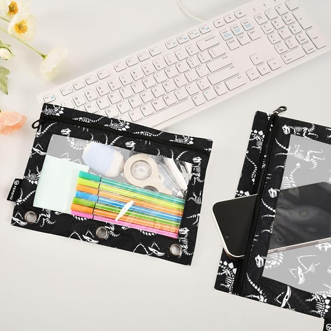 Dinosaur Skull Pencil Pouches for 3 Ring Binder 2 Pack | Binder Pencil Case With Zipper Reinforced GrommetsPencil Bags for Office Organizers