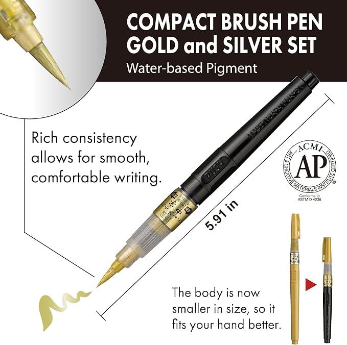 Kuretake Fude Brush Pen Compact CHUJI, Gold & Silver Ink, Medium tip marker, for Calligraphy, Manga, Drawing, Professional, Artist, Made in Japan
