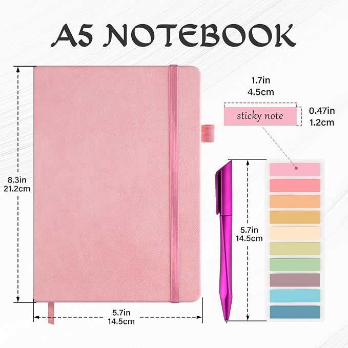 A5 Lined Journal Notebook Set with Pen & Sticky Notes, Hardcover Ruled Notebook 200 Pages Thick Paper, College Ruled Journal for Work Office School, 5.7 x 8.3 in,Pink