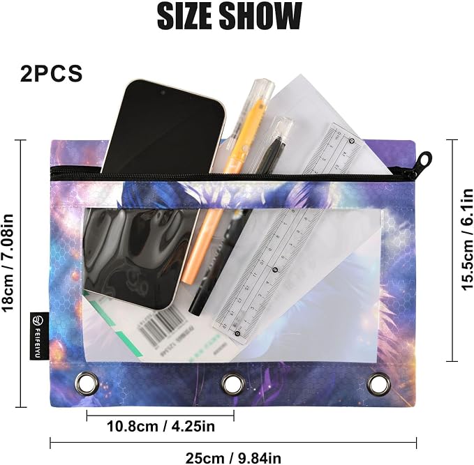 Space Wolf Binder Pouches 3 Ring for Boys Girls School Office College Supplies Moon Planet Galaxy Dog Pencil Pouches Case Bag with Clear Window and Zipper 2 Pack