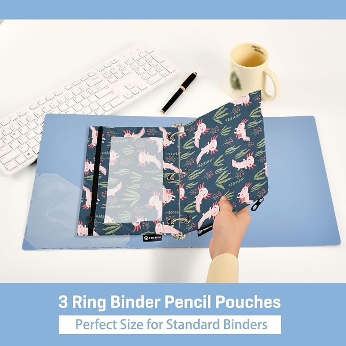 Emelivor Cute Salamander Pencil Pouch for 3 Ring Binder 2 Pack Binder Pencil Case with Clear Window Pencils Bags with Zipper for Office Daily College Home Supplies