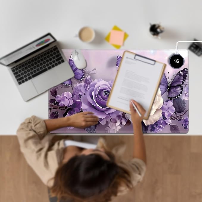 Heated Desk Pad Large Mouse Pad 23.6 x 14.1 inch with 3 Levels Heating & Auto Shut-Off Warm Mouse pad PU Leather Computer Mousepad for Home Office Work - Purple Roses and Butterflies