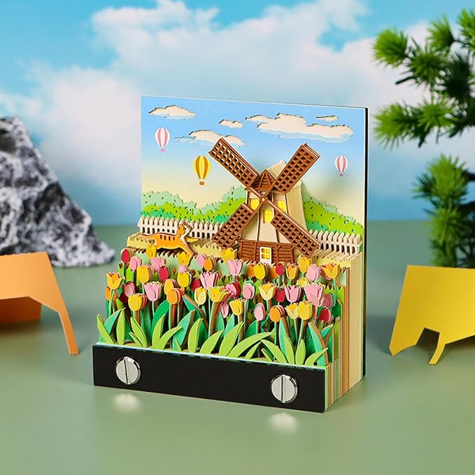 3D Memo Pad, Windmill 3D Notepad Paper Carving Non-Stick Sticky Notes Cute Silhouette, 3D Art Memo Pad Paper Art with Lights DIY Desk Decoration Gift