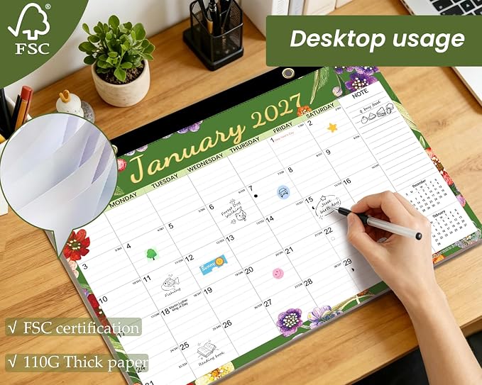 AECCN Desk Calendar 2026-2027, 18 Months Calendar-17" x 11.4" Flower 3 Pack | Large Space | 110G Anti Ink Bleed | Transparent Cover | with Stickers | Teacher supplies | Office Planning