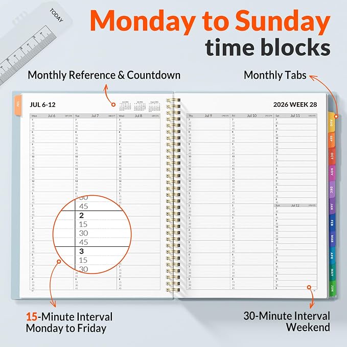 SUNEE 2026-2027 Appointment Book, Quarter-Hourly, Weekly & Monthly - from July 2026 to June 2027, 8.5"x11" Academic Planner, Flexible Cover, Note Pages, Bookmark, Spiral Binding, Blue