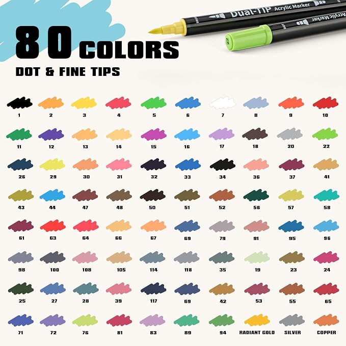 80 Colors Acrylic Paint Markers, Dual Tip Acrylic Markers Set with Fine & Dot Tip for Rock Painting, Stone, Wood, Canvas, Ceramic, Glass, Metal & Calligraphy