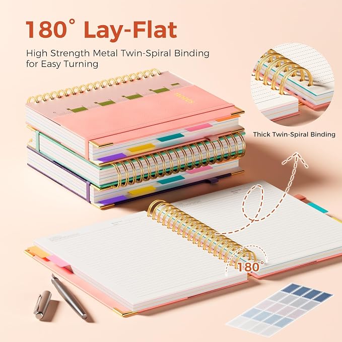 B5 Hardcover Spiral Notebook, 8"x10" College Ruled Notebooks with Removable Dividers Tabs & Ruler, 5 Subject Notebook 300 Pages, Large Lined Journal for Women Men School Work Office, Pink