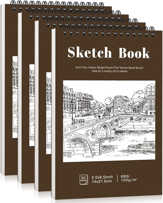 4 Pack Small Sketch Books, 5.5 x 8.5 Inch Mini Sketchbook, 68lb/100gsm Spiral Bound Small Sketch Pad, Acid Free Art Supplies Drawing Painting Sketchbook for Kids, Beginners, Artists (Yellow-Brown)