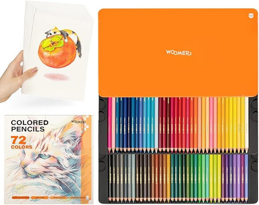 Woomer 72 Premium Colored Pencils with 20 Textured Colored Pencil Paper | 3.8mm Soft Core Artist Colored Pencils, Lightfast for Drawing, Blending & Illustration, Metal Tin Gift Box