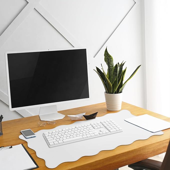 Hahafelt Scalloped Desk Mat Large Desk Pad Cute Coquette Table Mat Back to School Preppy Table Make up Pad Nonslip Graduation Gift with Stitching Waterproof Gaming(White,31.5 x 15.8 Inches)