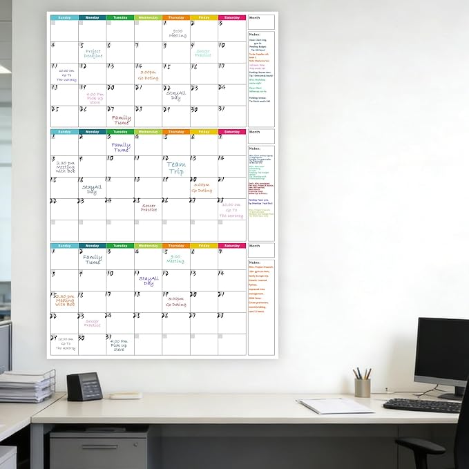 Dry Erase Calendar for Wall 24x36in Undated 3 Month Celendar with 4 Markers | Colorful Layout Reusable PET Erasable Surface, Large 3-Month View, Easy to Write and Wipe Clean