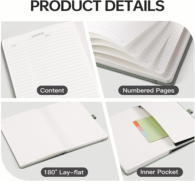 EMSHOI Lined Journal Notebook, 192 Numbered Pages, A5 Size (5.7'' x 8.3'') | Leather Hardcover, 100 GSM Thick Paper, for Women & Men, Journaling, Writing, Work & Office, Sun Debossed (Light Green)
