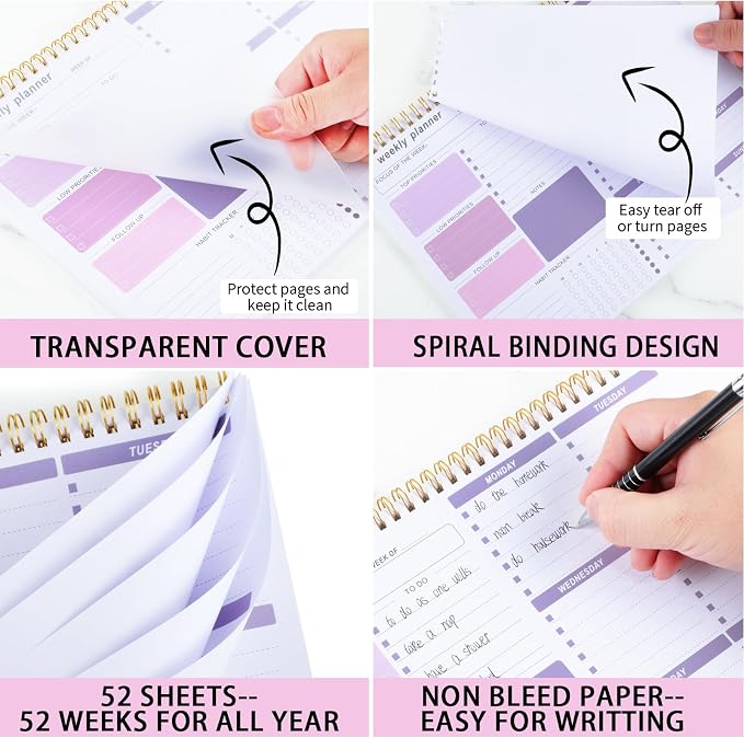 Weekly To Do List Notepad, 8.5''x11'' Weekly Desk Planner with 52 Tear Off Sheets Undated Weekly Planner Habit Tracker & Productivity Organizer for Home School and Work, Purple