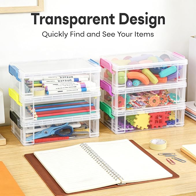 Extra Large Clear Pencil Box for Crayons, Markers, Art Supplies, Plastic Hard Pencil Case with Secure Lid, Stackable Hard Storage Organizer Box for Classroom & Office,Large Size(Grey)