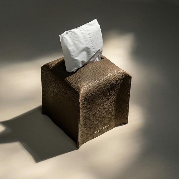 OLETHA Square Tissue Box Cover - Aesthetic Desk Decor for Room, Home & Office - Tissues Cube Boxes Holder - Tan Gray, Set of 2