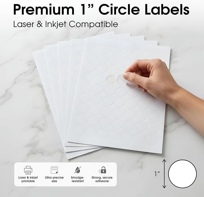 1" Printable Round Labels for Laser and Inkjet Printers - 1890 Blank Labels, 30 Sheets for Price Tags, Thank You Stickers, QR Codes, Business Logos - Spartan Industrial Template C002