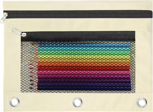 Pencil Pouch for 3 Ring Binder, Heavy Duty Canvas Dual Zipper Pen Bag with Clear Window, Smooth Metal Zipper, Fit Standard 3-Ring Binders for School Office Travel Supplies (Beige)