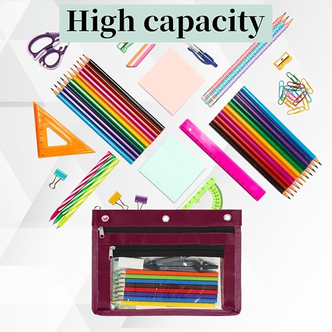 YoeeJob 2 Pack 1 Inch Expandable Zipper Pencil Pouches with Clear Window for 3 Ring Binder, Suitable for School & Office（Wine-red）