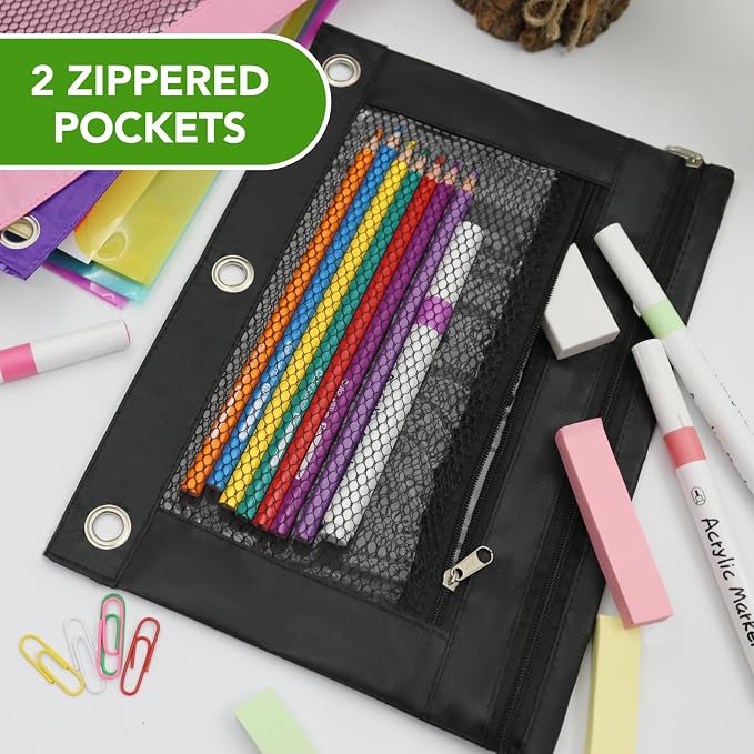 Pencil Pouch for 3 Ring Binder, Heavy Duty Canvas Dual Zipper Pen Bag with Clear Window, Smooth Metal Zipper, Fit Standard 3-Ring Binders for School Office Travel Supplies (Black)